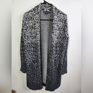 Wool Cashmere Long Open Front Pocket Cardign, XS-S, White Black Ombre